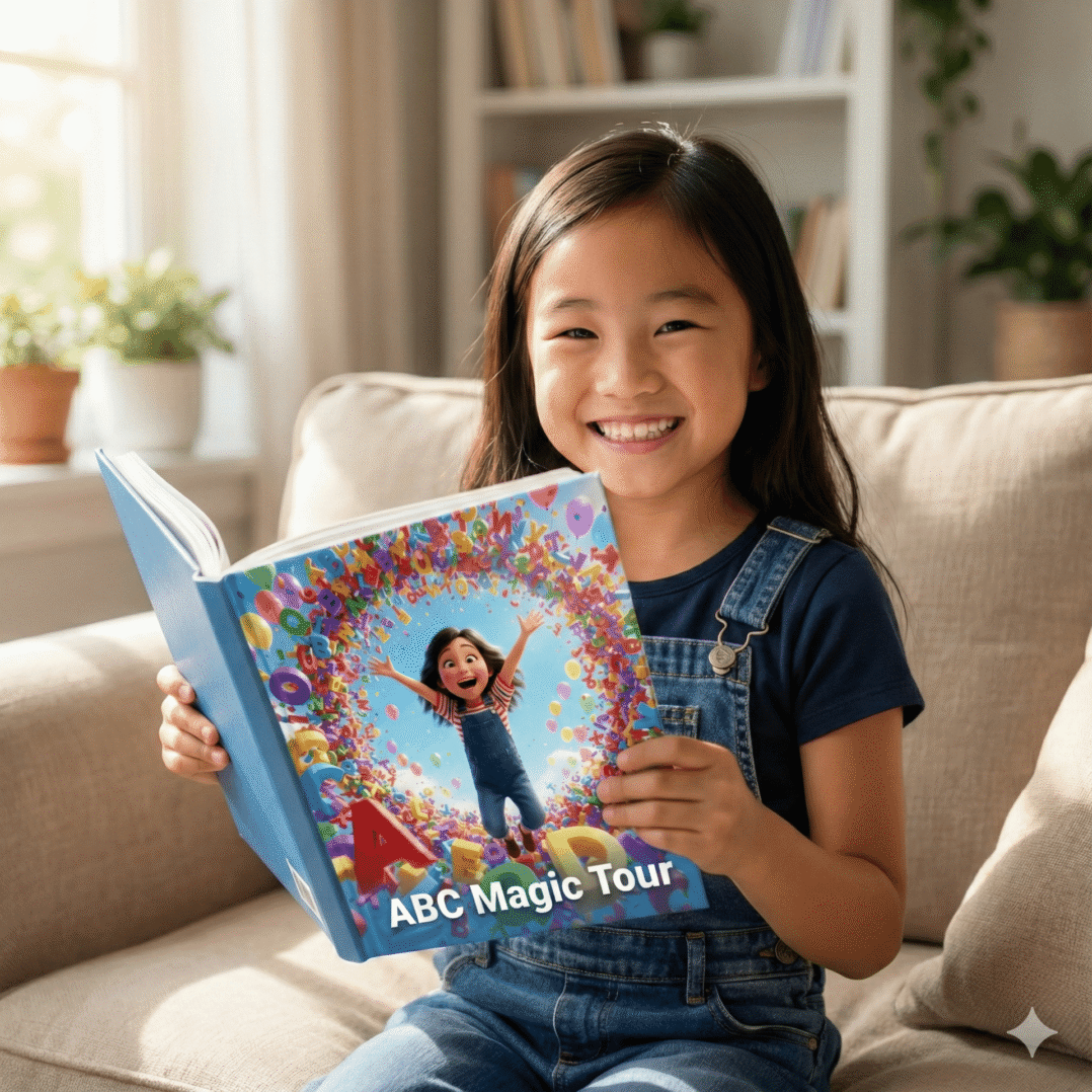 Child holding a personalized MeBook.me book