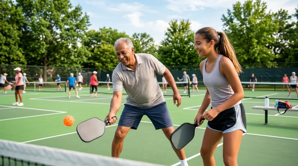Older man and young girl playing pickleball together on an outdoor court, both smiling and holding paddles, with several other people playing in the background on a sunny day.