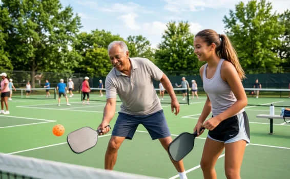 Older man and young girl playing pickleball together on an outdoor court, both smiling and holding paddles, with several other people playing in the background on a sunny day.
