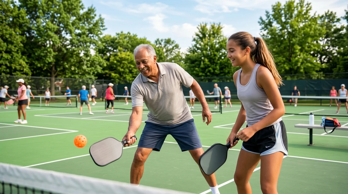 Older man and young girl playing pickleball together on an outdoor court, both smiling and holding paddles, with several other people playing in the background on a sunny day.