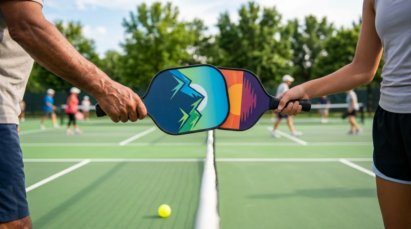 Two people bump colorful pickleball paddles over a net on an outdoor court, with players in the background and trees beyond the fence.