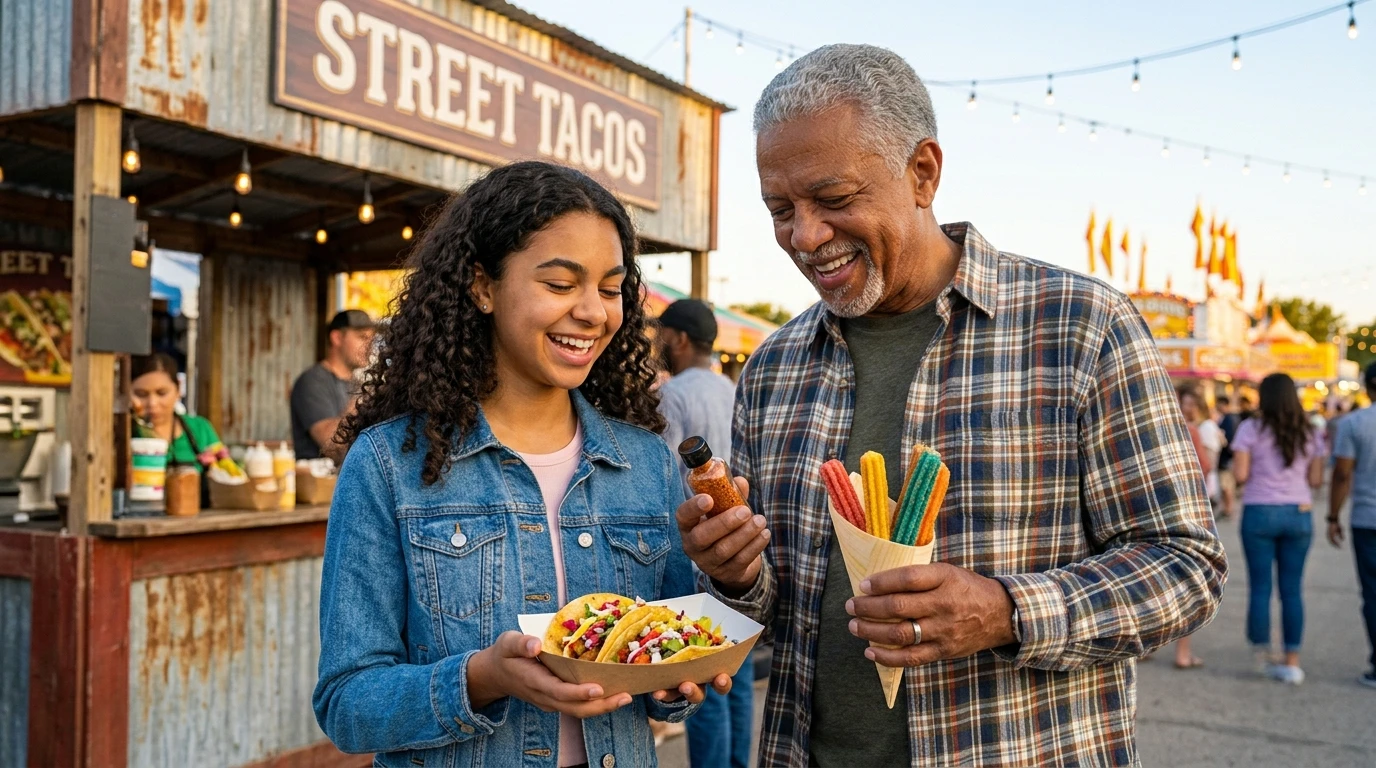 A smiling young woman holds tacos while an older man holds churros and hot sauce at an outdoor food market with a Street Tacos stand behind them.