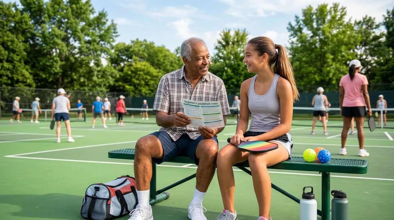 An older man and a young woman sit on a bench, smiling and talking, holding papers and a paddle, with people playing pickleball on outdoor courts in the background.