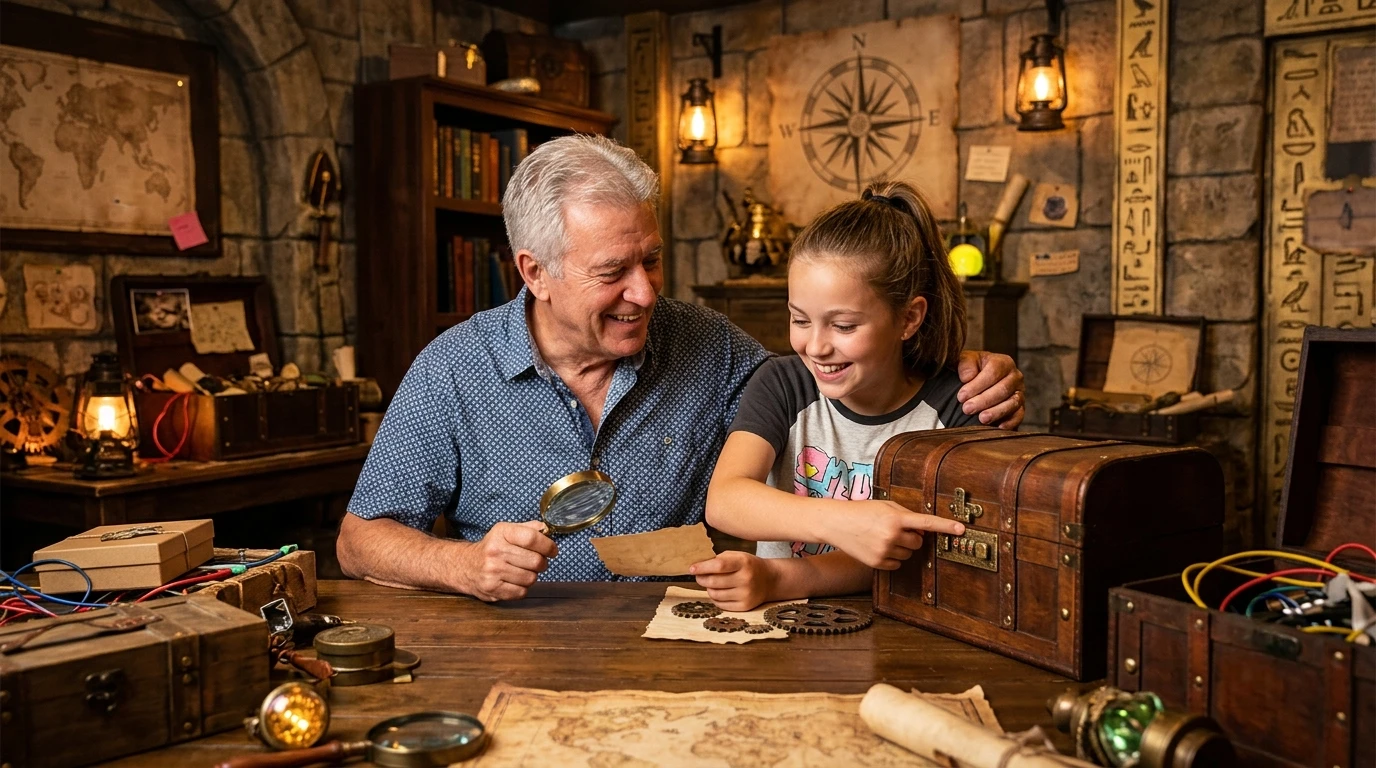 An older man and a young girl solve puzzles together in a treasure-themed room, smiling and examining clues with a magnifying glass and a map, surrounded by books, lanterns, and a locked chest.