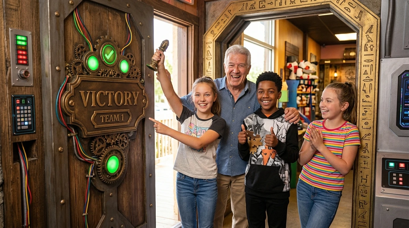 Four people stand smiling at an open doorway marked Victory Team 1, with green lights and Egyptian-style patterns. One holds a trophy, and others give thumbs up, celebrating their win inside a themed adventure room.