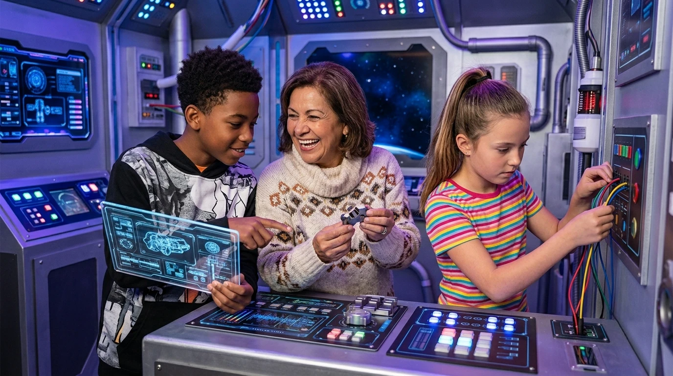 Three people are in a futuristic spaceship control room. A woman smiles while holding a model spaceship. A boy points at a holographic screen, and a girl adjusts colorful wires on a control panel.