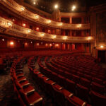 A grand, ornate theater with rows of red velvet seats, gold-trimmed balconies, and warm lighting, facing an empty stage. The ambience is elegant and classic, with intricate architectural details visible.