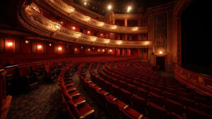 A grand, ornate theater with rows of red velvet seats, gold-trimmed balconies, and warm lighting, facing an empty stage. The ambience is elegant and classic, with intricate architectural details visible.