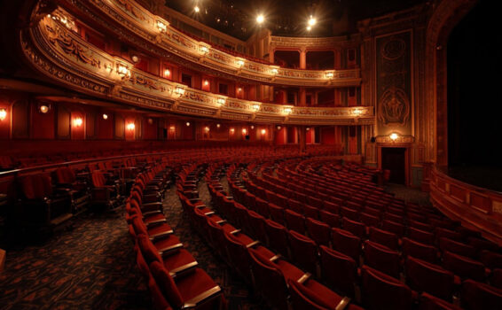 A grand, ornate theater with rows of red velvet seats, gold-trimmed balconies, and warm lighting, facing an empty stage. The ambience is elegant and classic, with intricate architectural details visible.