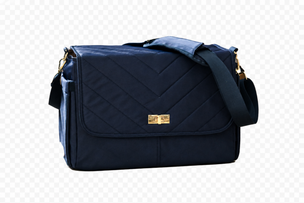 A black quilted shoulder bag with a gold clasp and an adjustable strap, set against a transparent background.