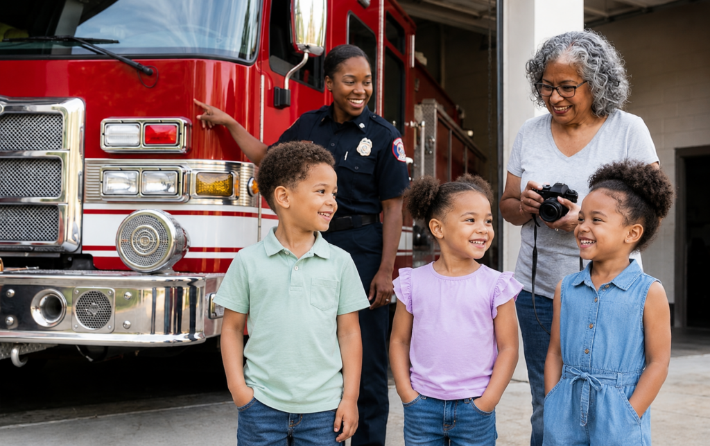 Three smiling children stand in front of a fire truck, with a firefighter and an older woman holding a camera behind them. The group appears happy and engaged outside a fire station.