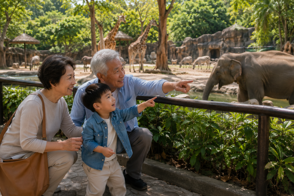 A senior couple and a young boy smile and point excitedly at an elephant in a zoo. Giraffes and other animals are visible in the background, with lush greenery and sunlight all around.