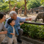 A senior couple and a young boy smile and point excitedly at an elephant in a zoo. Giraffes and other animals are visible in the background, with lush greenery and sunlight all around.