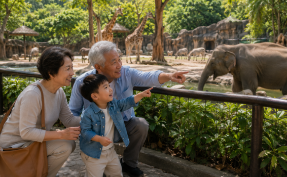 A senior couple and a young boy smile and point excitedly at an elephant in a zoo. Giraffes and other animals are visible in the background, with lush greenery and sunlight all around.