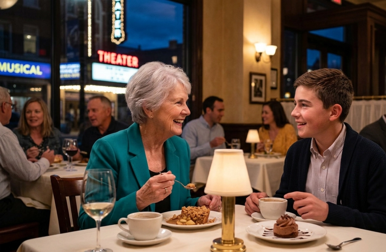 An older woman and a teenage boy enjoy dessert and coffee at a restaurant. Other diners chat in the background; a theater with bright signage is visible through the window. The atmosphere is warm and inviting.