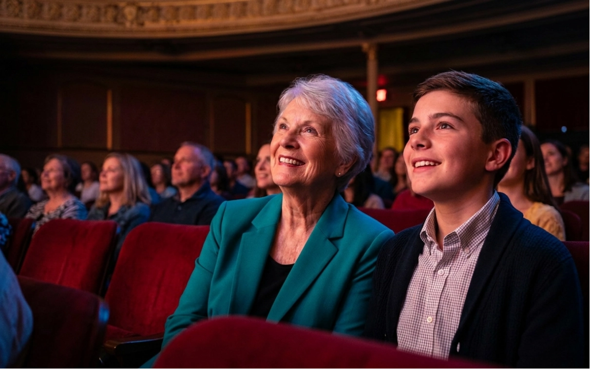 An older woman and a young boy sit together in a theater, smiling as they watch a performance. Red seats and other audience members are visible in the background.
