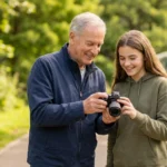 An older man and a teenage girl stand on a park path, smiling and looking at a camera together. Trees and a bridge are visible in the green background.