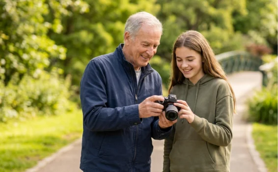 An older man and a teenage girl stand on a park path, smiling and looking at a camera together. Trees and a bridge are visible in the green background.