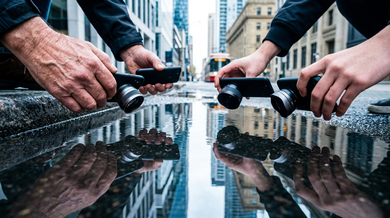 Three people hold smartphones with lens attachments close to a puddle on a city street, capturing the reflection of urban buildings on the water’s surface.