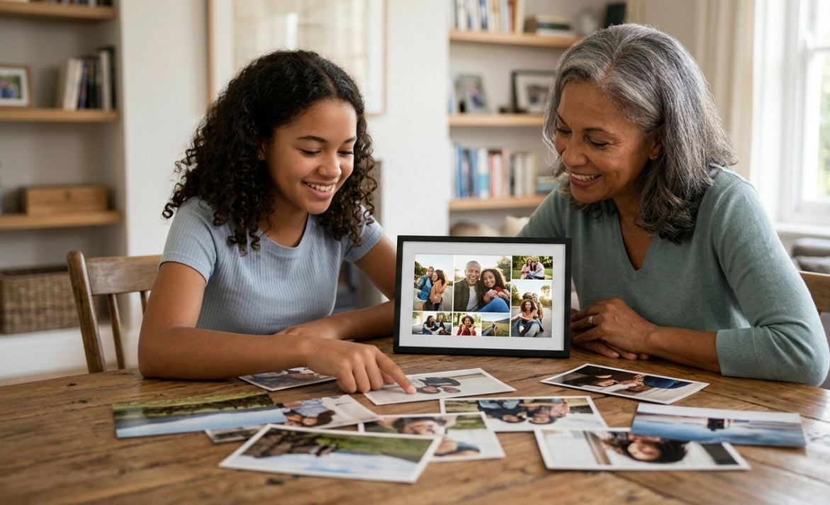 Two women sit at a wooden table, smiling and looking at printed photos. A digital photo frame on the table displays a collage of family pictures. Bookshelves and a couch are seen in the background.