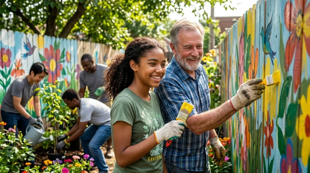 A group of people paint a colorful mural with flowers on a fence and garden together, smiling and enjoying a sunny day in a vibrant community garden.