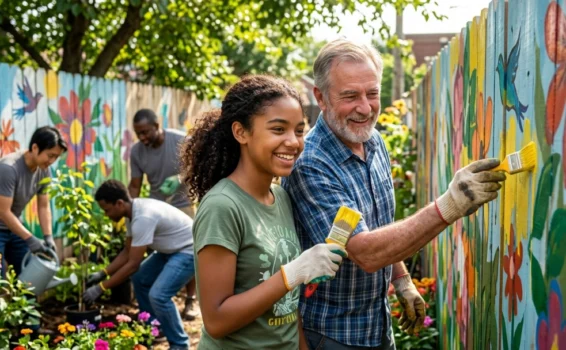 A group of people paint a colorful mural with flowers on a fence and garden together, smiling and enjoying a sunny day in a vibrant community garden.