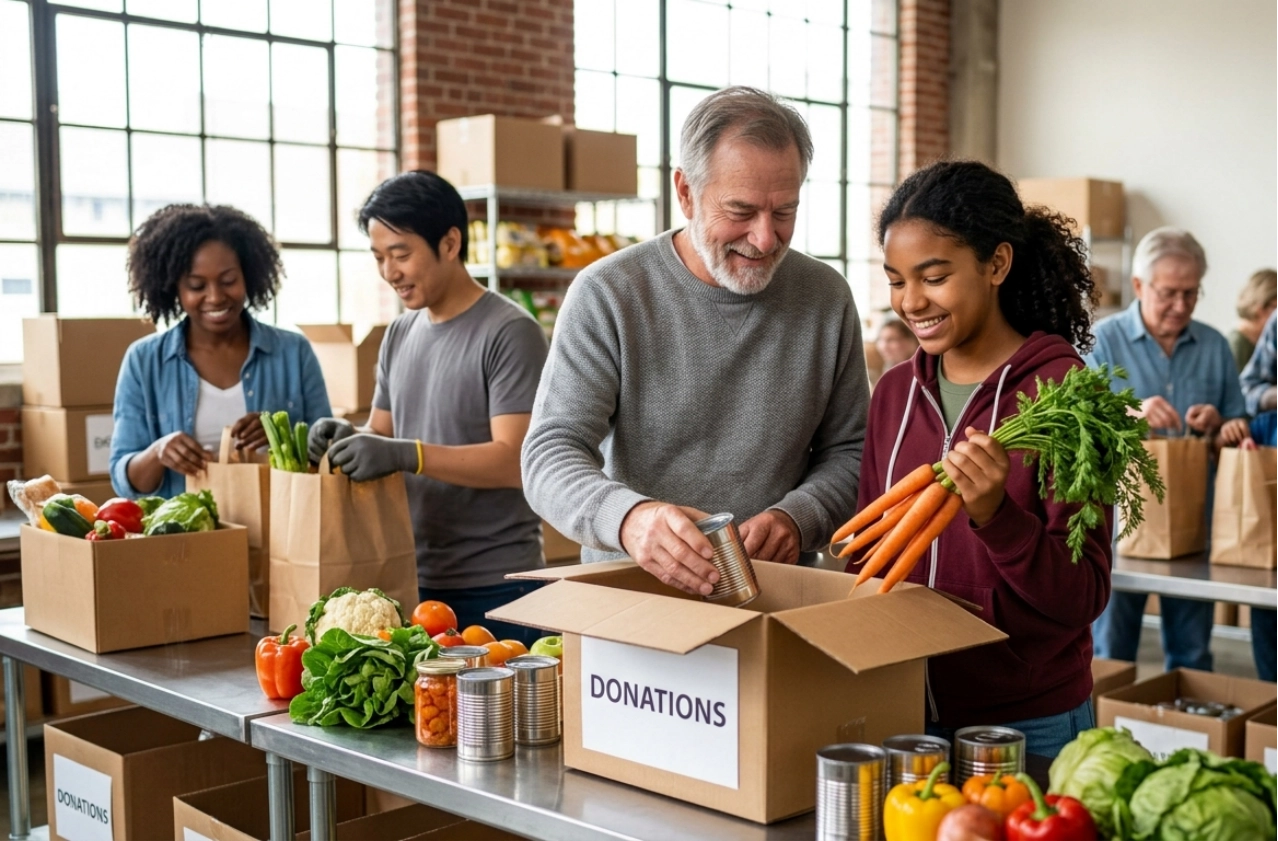 A diverse group of people pack boxes with fresh vegetables and canned goods for donations in a bright room with large windows.