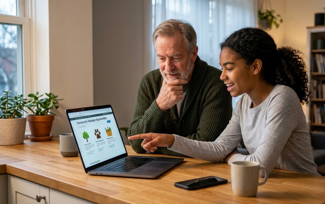 A smiling girl points at a laptop screen while sitting with an older man at a kitchen counter, both looking engaged. The screen shows a webpage with colorful icons and text. Plants, mugs, and a remote are on the counter.