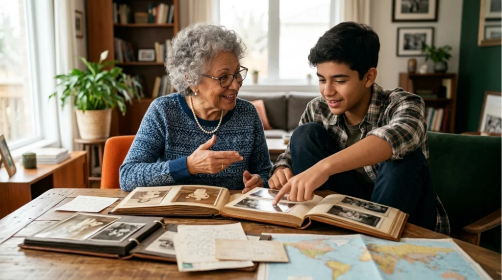 An older woman and a boy sit at a table looking at photo albums and old letters, smiling and talking, with a world map spread out in front of them.