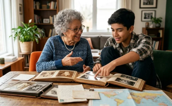 An older woman and a boy sit at a table looking at photo albums and old letters, smiling and talking, with a world map spread out in front of them.