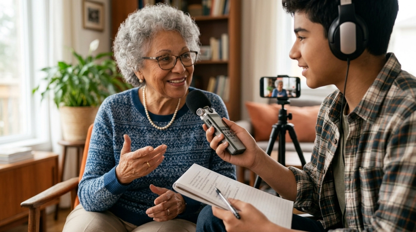 A young person interviews an older woman at home, holding a microphone and taking notes. The woman smiles while speaking, and a camera on a tripod in the background records the scene.