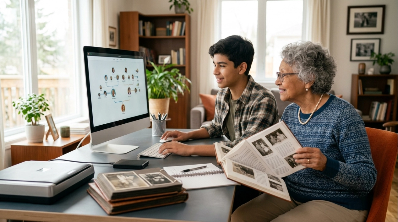 A teenage boy and an older woman sit at a desk looking at a family tree on a computer. The woman holds a photo album, both smiling. Several photo albums and notes are spread across the desk.