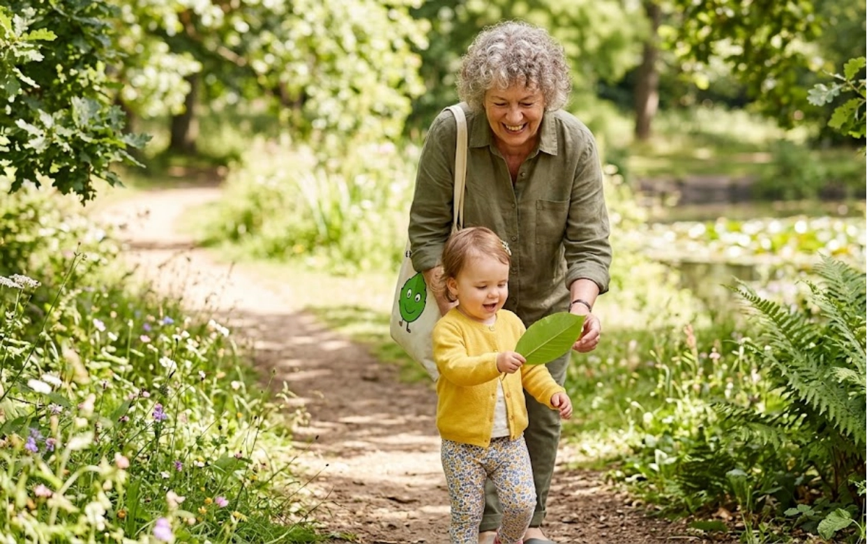 An older woman and a toddler walk along a sunny forest path. The child holds a large green leaf, smiling, while the woman follows behind, also smiling. Lush greenery and wildflowers surround them.