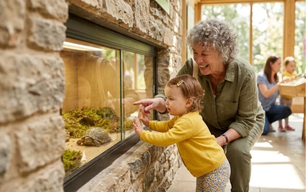 An older woman and a young girl smile and point at a turtle in a glass enclosure at an indoor nature center. In the background, two other people sit at a wooden table.