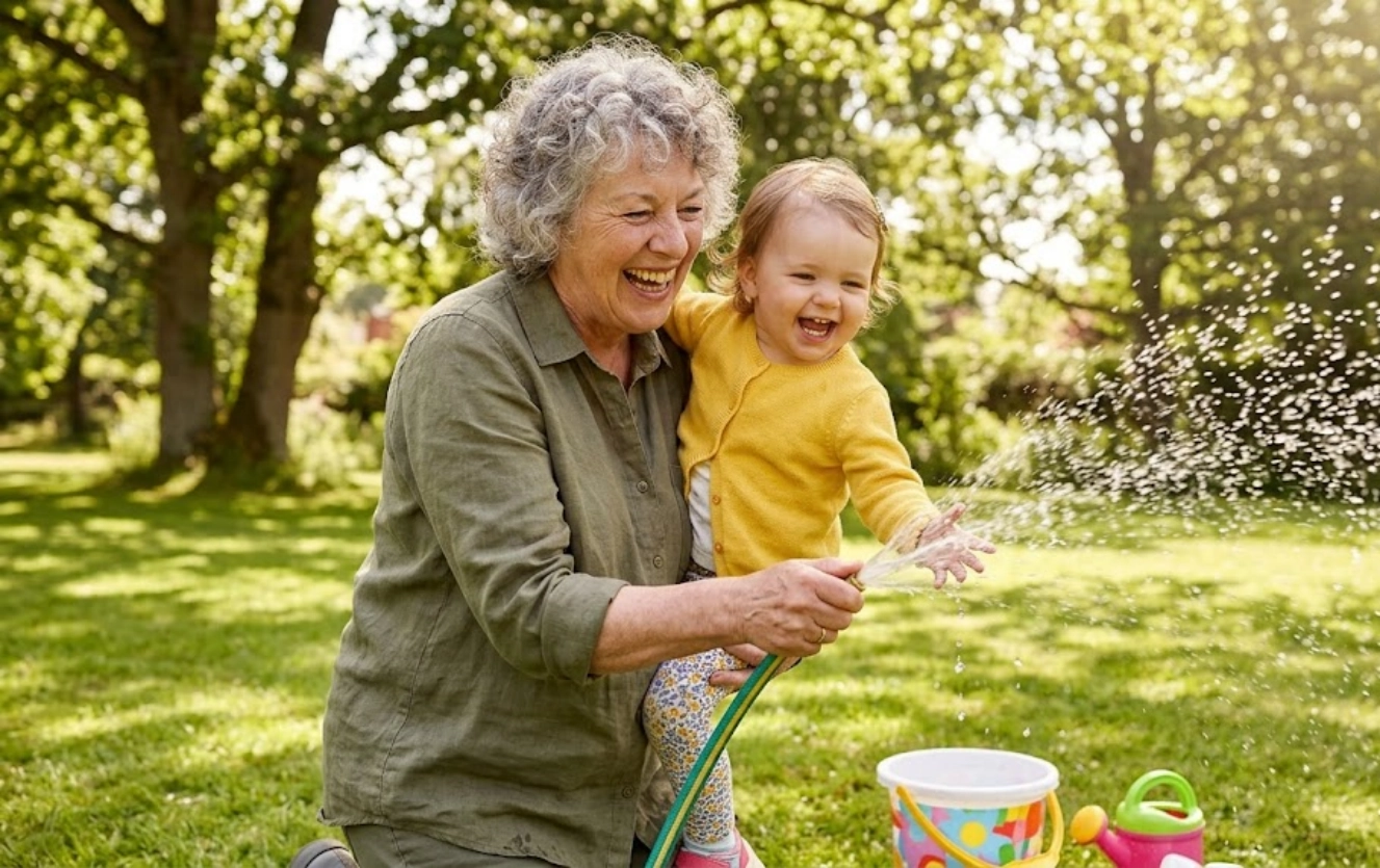 An older woman and a young child laugh together while playing with a garden hose, spraying water outside on a sunny day. A toy bucket and watering can sit on the grass nearby.