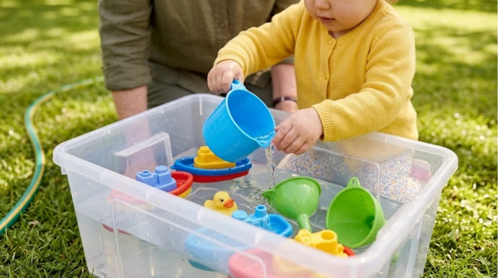 A child in a yellow sweater plays outdoors, pouring water from a blue cup into a clear bin filled with water, colorful toy boats, funnels, and a rubber duck. An adult is nearby on the grass.