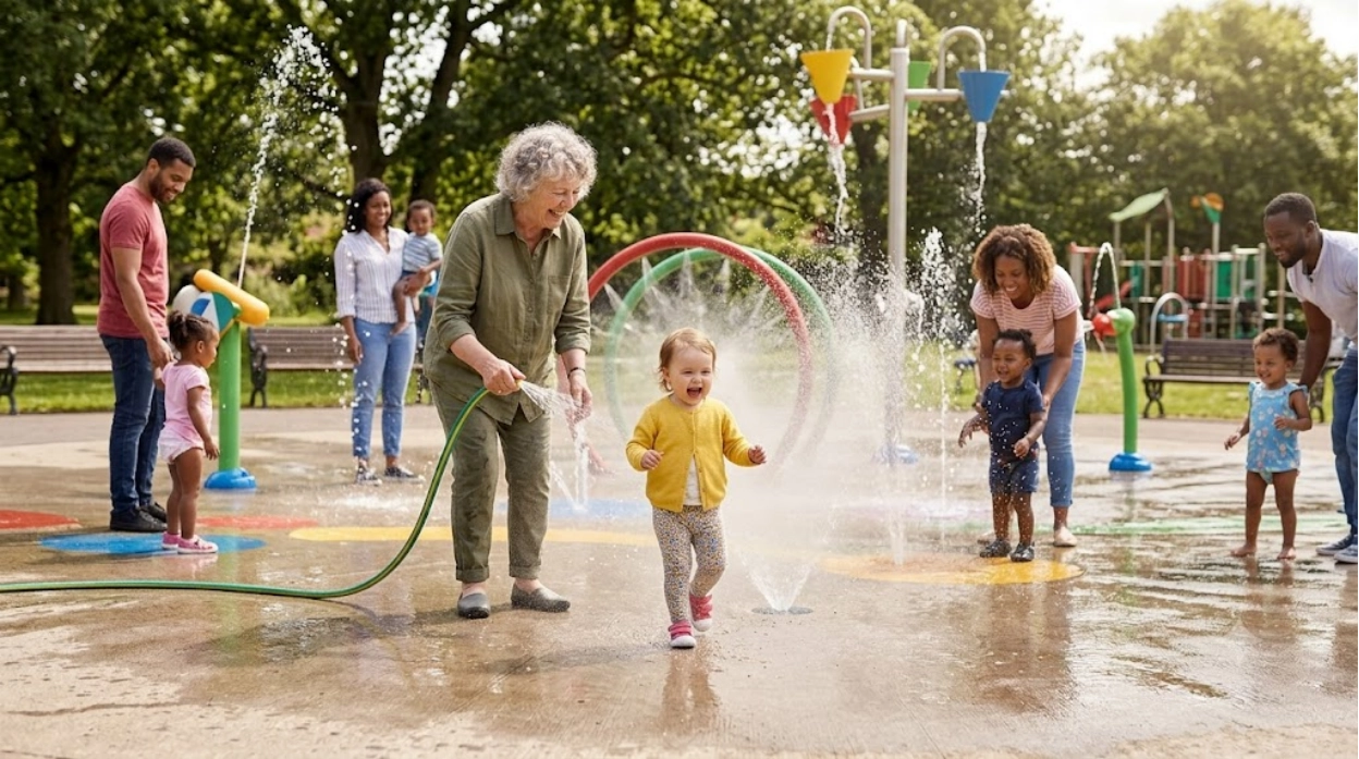 Children and adults play in a colorful splash pad at a park on a sunny day, with water spraying all around. A smiling older woman holds a hose, and everyone appears happy and engaged.