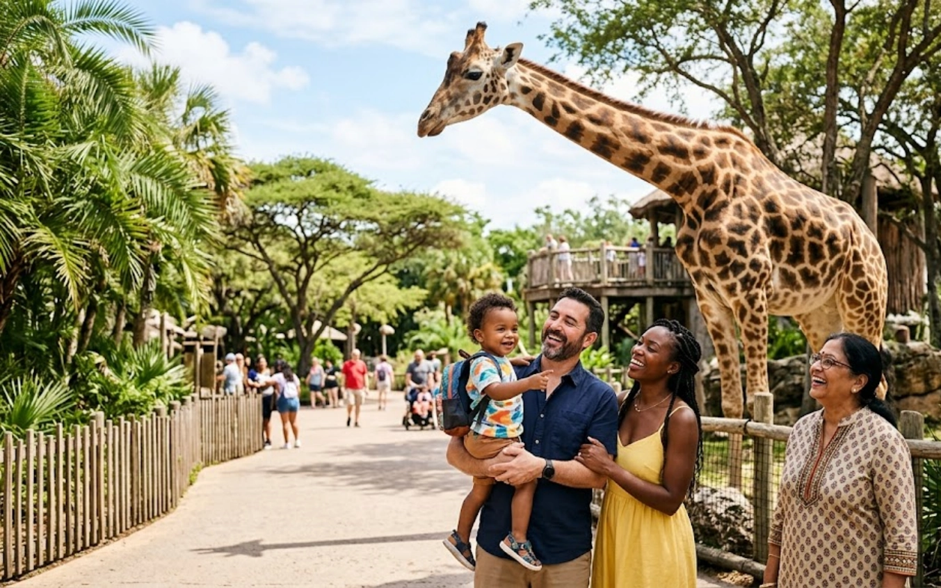A smiling family with a small child stands near a giraffe at a zoo on a sunny day. Trees and other visitors are visible in the background.