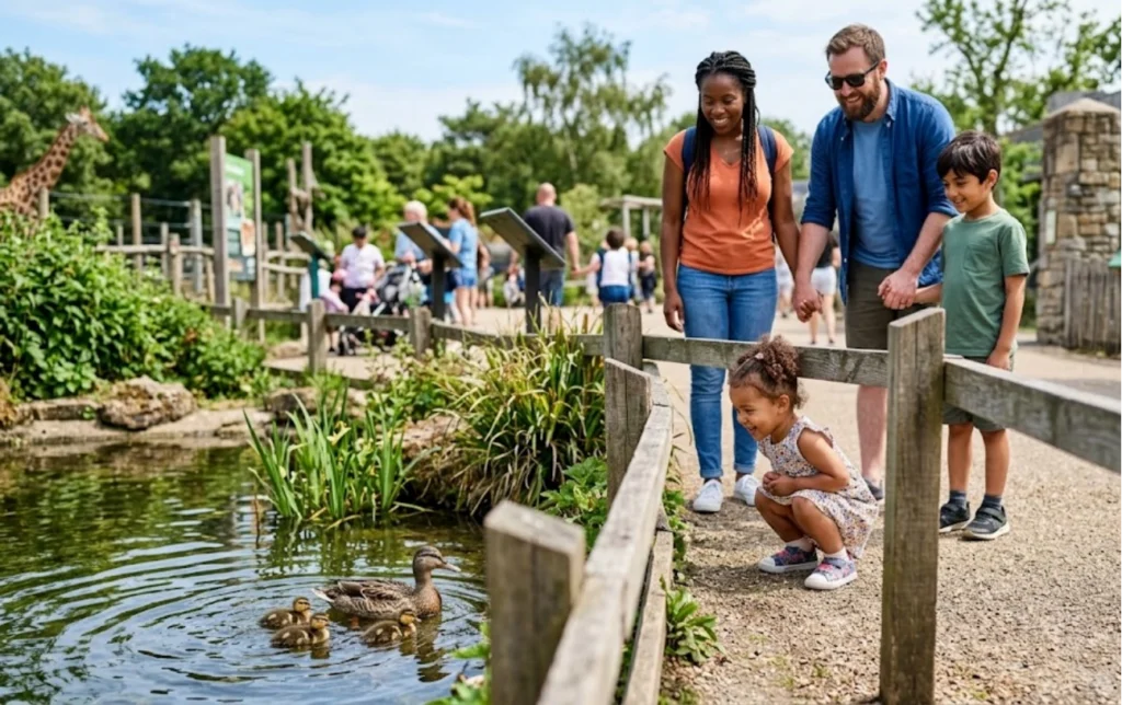 A family of four, including two adults and two children, smiles as they watch ducks and ducklings swimming in a pond at a zoo. Other visitors and a giraffe are visible in the background on a sunny day.