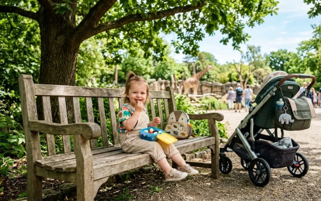A young child sits on a wooden bench eating snacks, with a backpack and stroller nearby. Trees and people walking outside, and a giraffe is visible in the background.