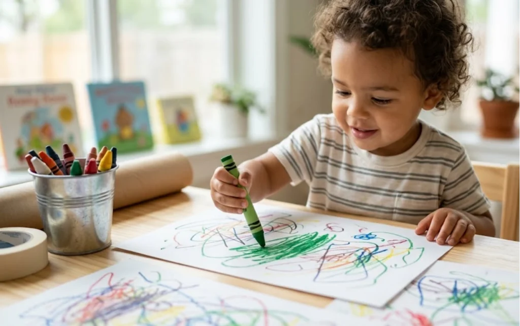 A young child with curly hair draws colorful scribbles with a green crayon on paper at a wooden table, surrounded by crayons and books in a bright, cozy room.