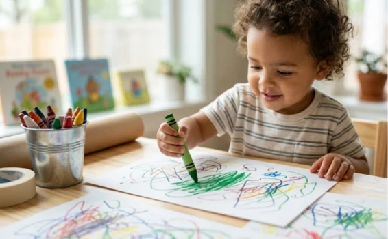 A young child with curly hair draws colorful scribbles with a green crayon on paper at a wooden table, surrounded by crayons and books in a bright, cozy room.