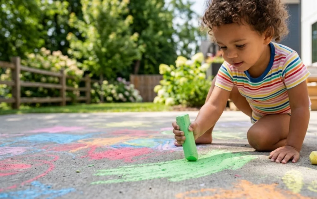 A young child in a striped shirt draws with colorful chalk on a sidewalk, crouched down and focused, surrounded by bright outdoor scenery and greenery.