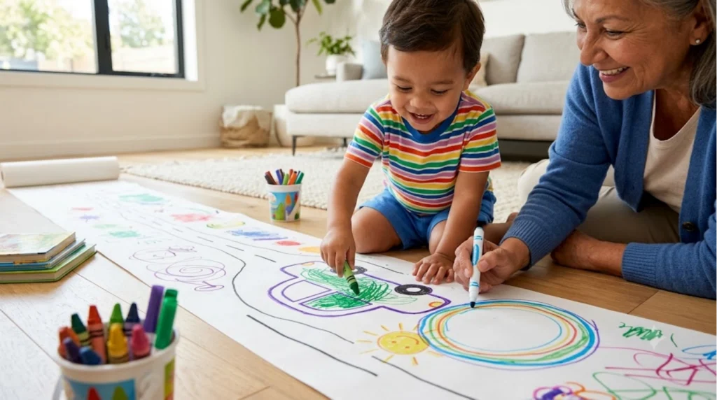 A smiling child and an older woman color together on a long sheet of paper on the floor, surrounded by crayons and markers in a bright living room.