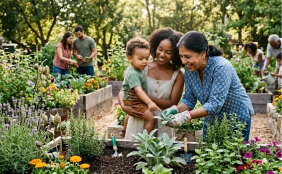 Three people—an older woman, a young woman, and a toddler—garden together in raised beds, surrounded by flowers and plants. Other people garden in the background on a sunny day.