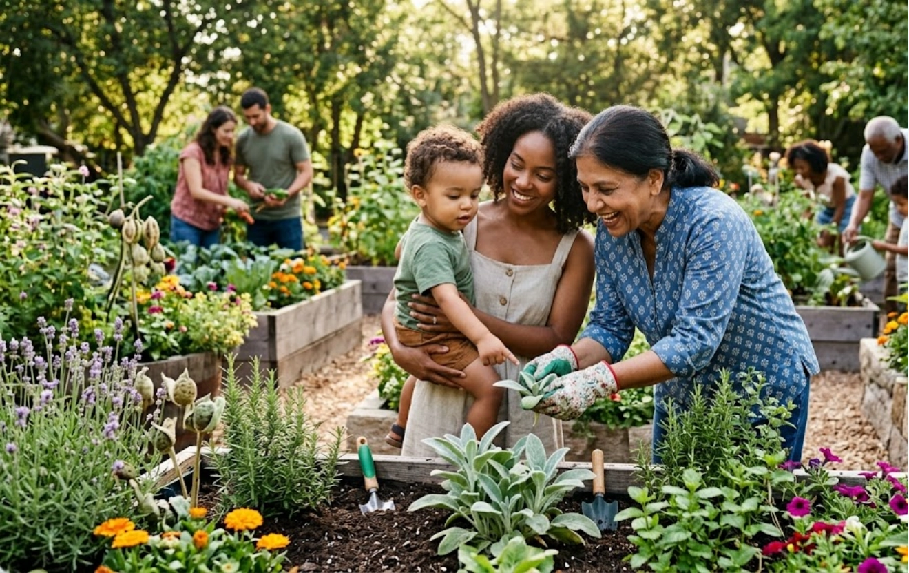 Three people—an older woman, a young woman, and a toddler—garden together in raised beds, surrounded by flowers and plants. Other people garden in the background on a sunny day.