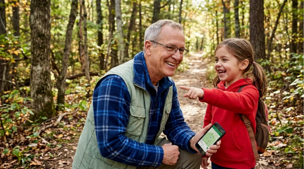 An older man and a young girl smile on a wooded trail. The man holds a smartphone with a map on the screen, while the girl in a red jacket points ahead excitedly. Sunlight filters through the trees around them.