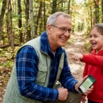 An older man and a young girl smile on a wooded trail. The man holds a smartphone with a map on the screen, while the girl in a red jacket points ahead excitedly. Sunlight filters through the trees around them.