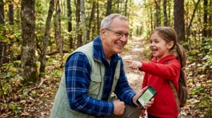 An older man and a young girl smile on a wooded trail. The man holds a smartphone with a map on the screen, while the girl in a red jacket points ahead excitedly. Sunlight filters through the trees around them.