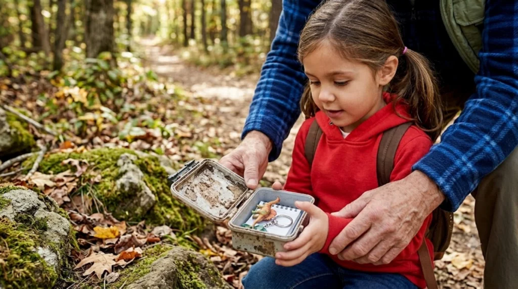 A young girl in a red hoodie holds an open metal container with small items inside, while an adult assists her in a forest setting with fallen leaves and mossy rocks.